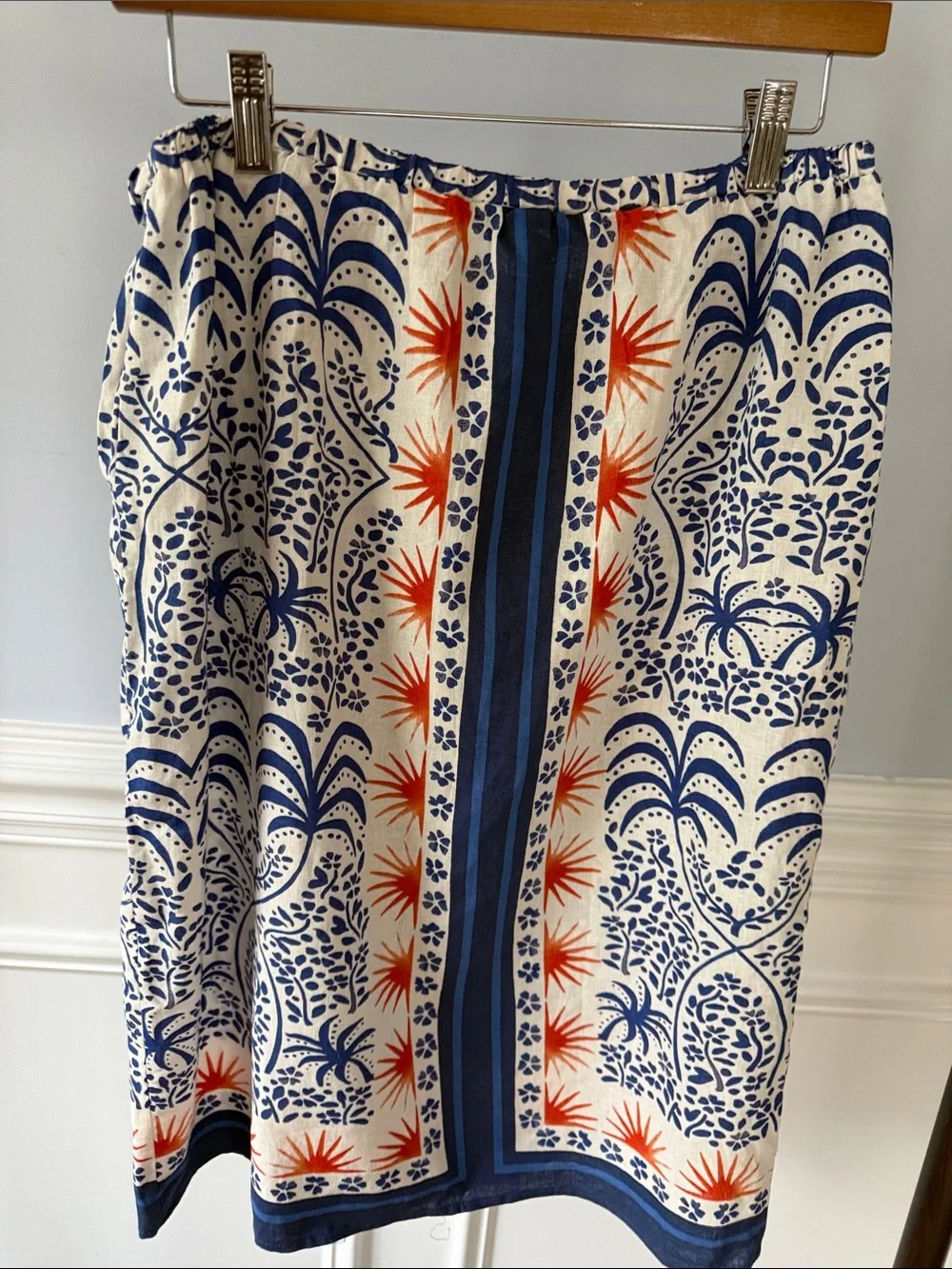 Rachel Roy Linen Rayon Wrap Midi Skirt NWT Blue White Print Tie Waist L Large